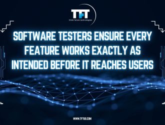 Dark blue futuristic banner with TFT Think Future Technologies logo and the headline “Software Testers Ensure Every Feature Works Exactly as Intended Before It Reaches Users,” over a glowing digital network wave background.