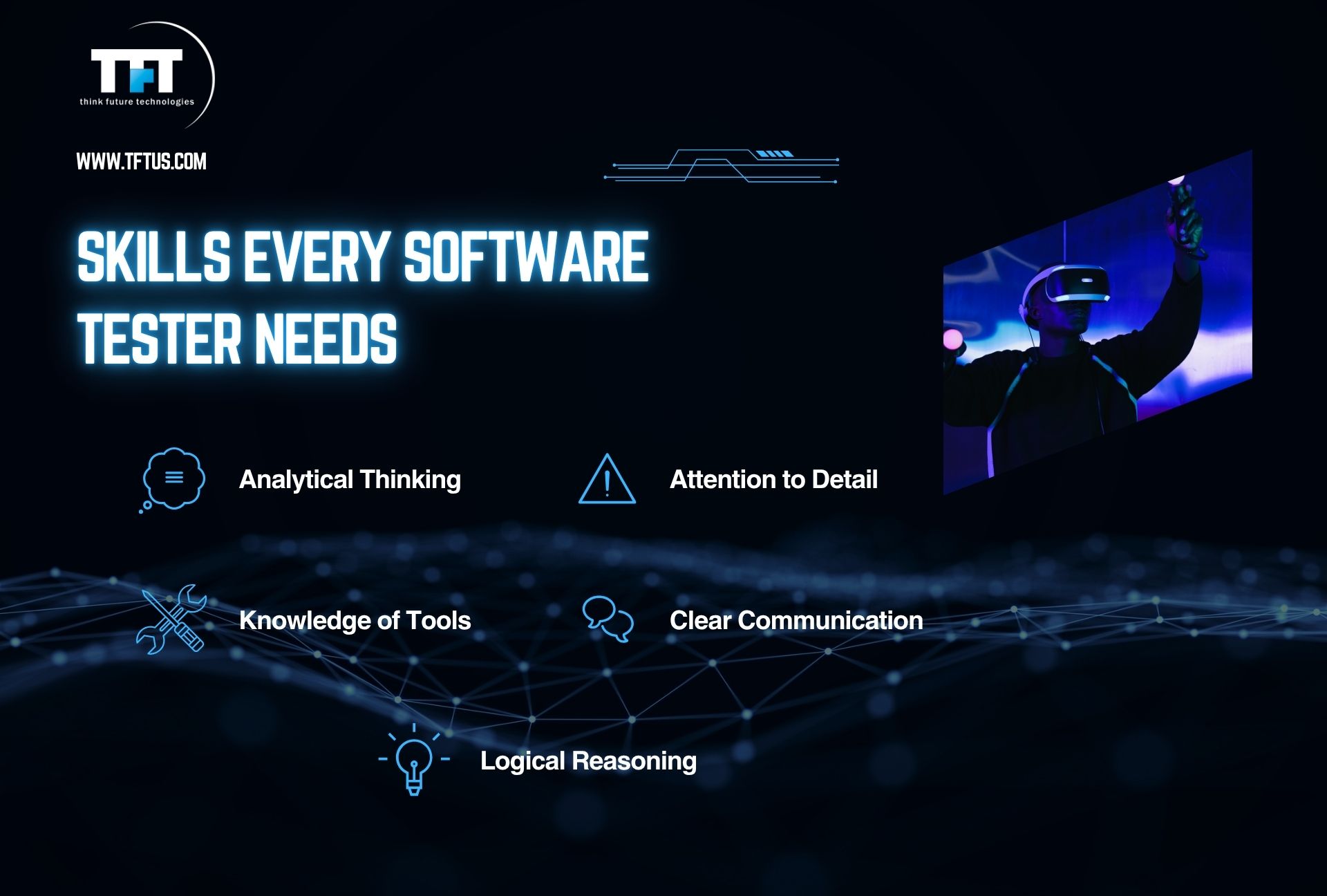 What Is a Software Tester? Roles, Skills & Career Guide 4 Slide titled “Skills Every Software Tester Needs” listing analytical thinking, attention to detail, knowledge of tools, clear communication, and logical reasoning, with a person wearing a VR headset on the right.