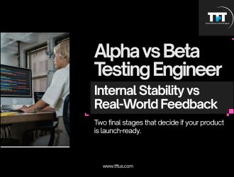 Dark banner with TFT Think Future Technologies logo and the title “Alpha vs Beta Testing Engineer,” highlighting “Internal Stability vs Real-World Feedback” with a developer working at a computer displaying code.