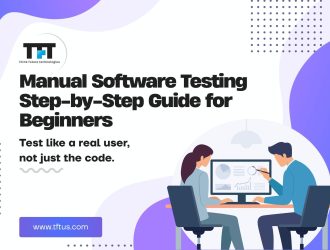 Cover slide titled “Manual Software Testing Step-by-Step Guide for Beginners,” showing two people reviewing data on a computer screen with a focus on testing like a real user rather than just the code.