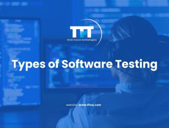 Blue-toned banner with TFT Think Future Technologies logo and the headline “Types of Software Testing,” showing a person wearing headphones working at multiple monitors with code in the background.
