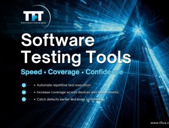 Dark, futuristic banner with TFT Think Future Technologies logo and the title “Software Testing Tools,” highlighting “Speed, Coverage, Confidence” over a blue digital light burst background.