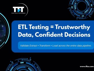 Dark slide titled ‘ETL Testing = Trustworthy Data, Confident Decisions’ with subtitle ‘Validate Extract, Transform, Load across the entire data pipeline.’ TFT Think Future Technologies logo in the corner, circular tech graphics, and website link www.tftus.com.”