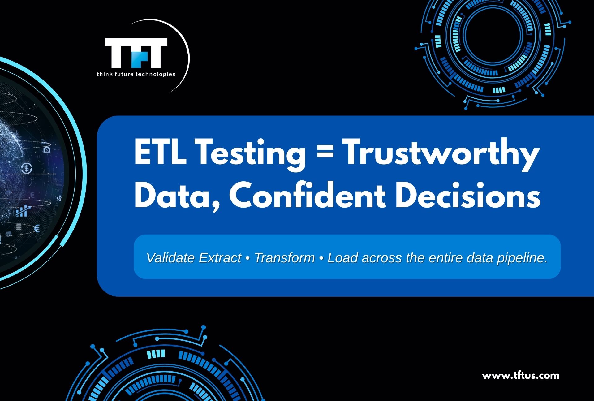 Dark slide titled ‘ETL Testing = Trustworthy Data, Confident Decisions’ with subtitle ‘Validate Extract, Transform, Load across the entire data pipeline.’ TFT Think Future Technologies logo in the corner, circular tech graphics, and website link www.tftus.com.”