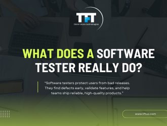 Cover graphic explaining the role of a software tester, showing a workspace background with laptops and the headline “What Does a Software Tester Really Do?” and a quote about finding defects early and ensuring high-quality software.