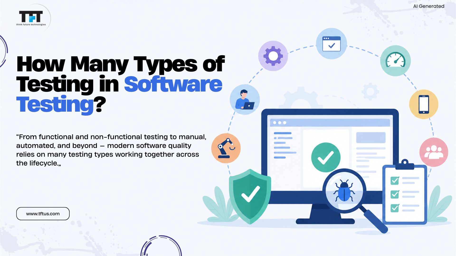 How Many Types of Testing in Software Testing? Complete List & Guide 1 Types of software testing illustrated with a computer monitor, bug detection, security shield, and testing tools
