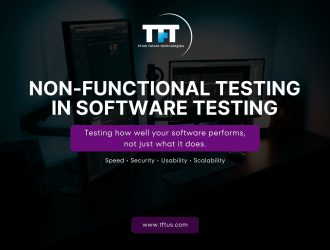 Cover slide introducing non-functional testing in software testing, emphasizing testing how well software performs, with focus on speed, security, usability, and scalability on a modern technology workspace background.