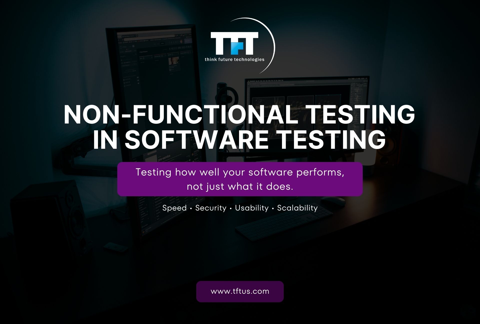 Cover slide introducing non-functional testing in software testing, emphasizing testing how well software performs, with focus on speed, security, usability, and scalability on a modern technology workspace background.