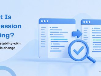 Hero illustration explaining regression testing, showing code updates being verified to ensure existing features continue working correctly after software changes.