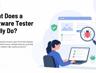 Software tester reviewing an application to identify bugs, validate features, and ensure software quality.