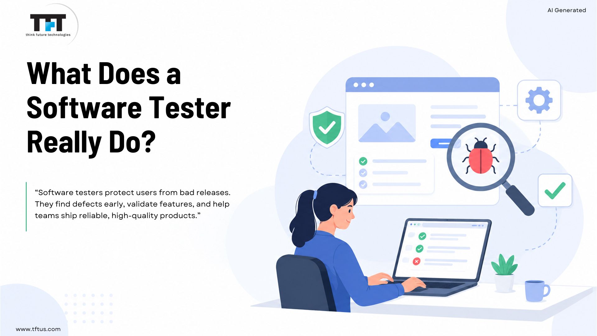 What Does a Software Tester Do? Roles, Responsibilities & Skills 1 Software tester reviewing an application to identify bugs, validate features, and ensure software quality.