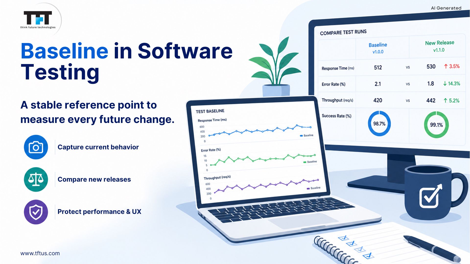 What Is Baseline in Software Testing? Definition, Types & Examples 1 Baseline in software testing showing current performance metrics compared with a new release to identify changes.
