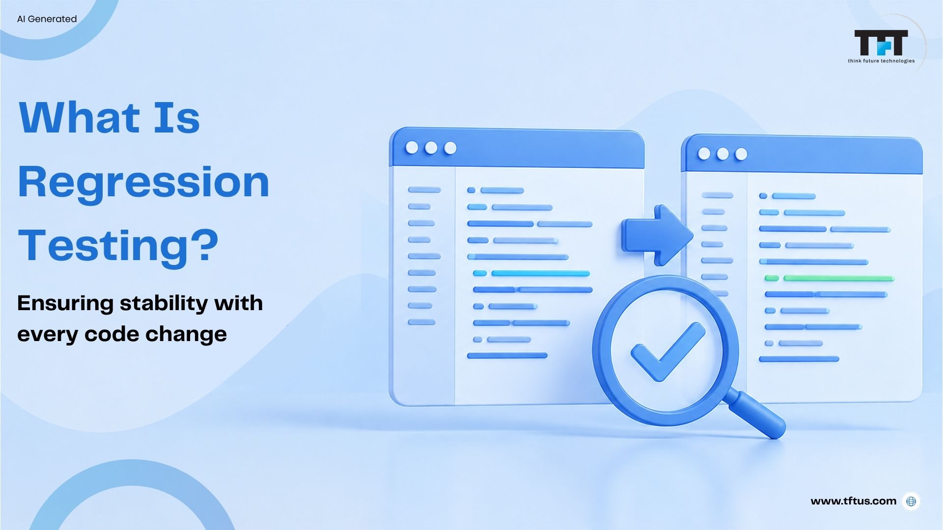 What Is Regression Testing in Software? Definition, Types & Examples 1 Hero illustration explaining regression testing, showing code updates being verified to ensure existing features continue working correctly after software changes.