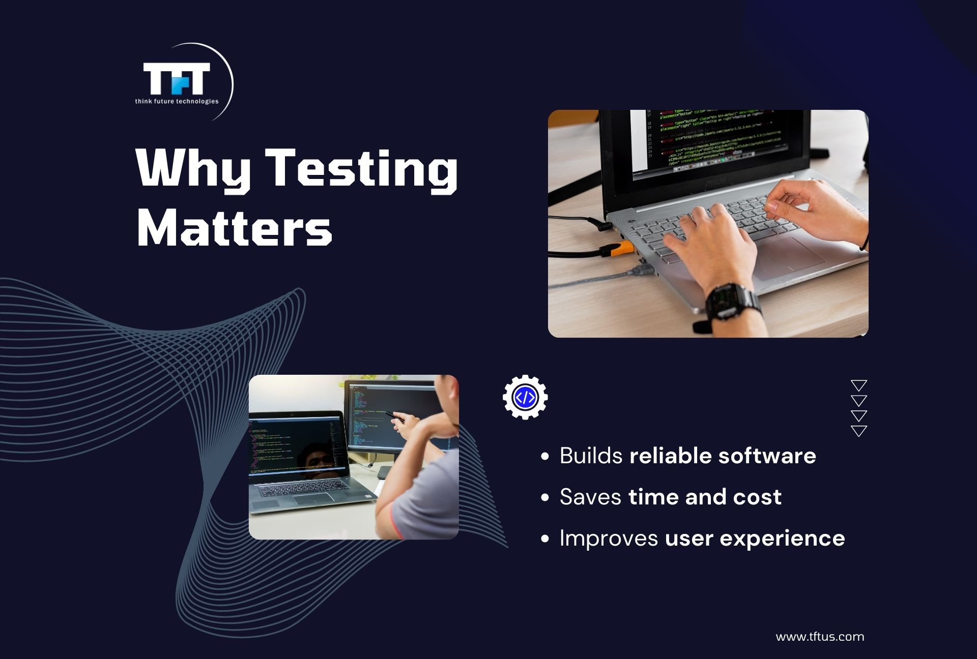 How to Test Software: Step-by-Step Guide for Beginners 2 Slide titled “Why Testing Matters” showing hands typing on a laptop with code on screen and bullet points listing benefits: builds reliable software, saves time and cost, and improves user experience.