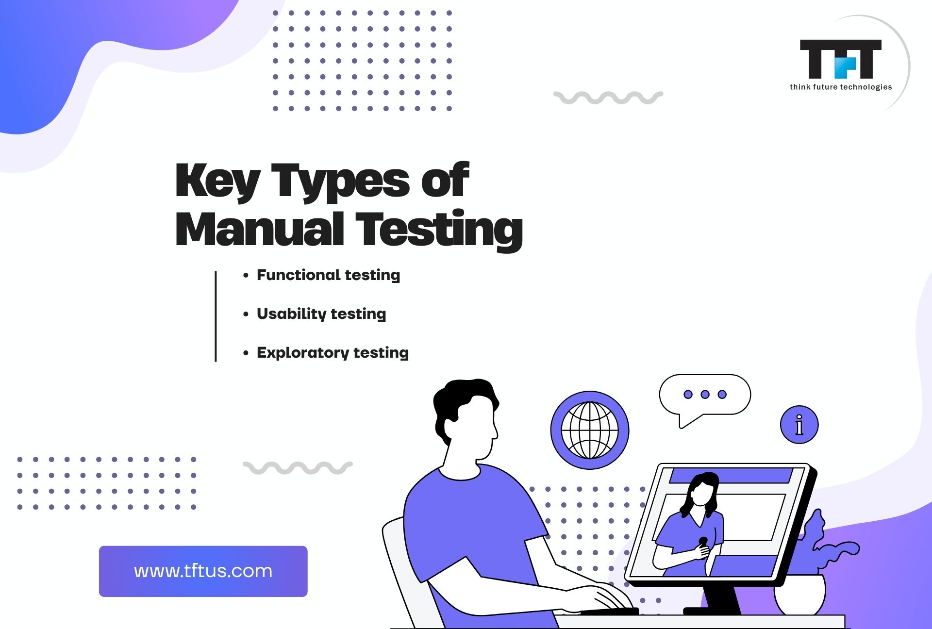 Overview slide listing key types of manual testing, including functional testing, usability testing, and exploratory testing, with a user working at a computer and communication icons.