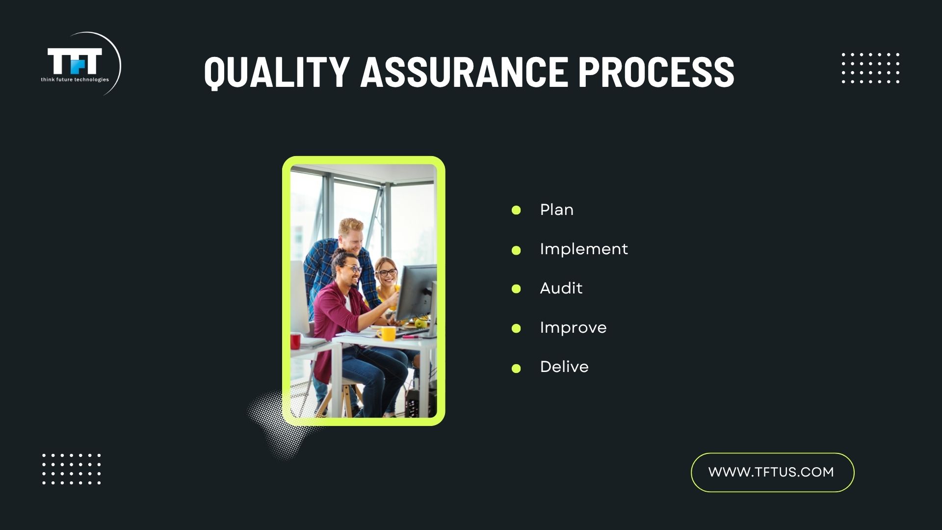 What Is Quality Assurance in Software Testing? Definition & Key Processes 3 Slide titled ‘Quality Assurance Process’ listing five steps: plan, implement, audit, improve, and deliver, alongside an image of a small team collaborating around a desktop computer and the TFT website link.”