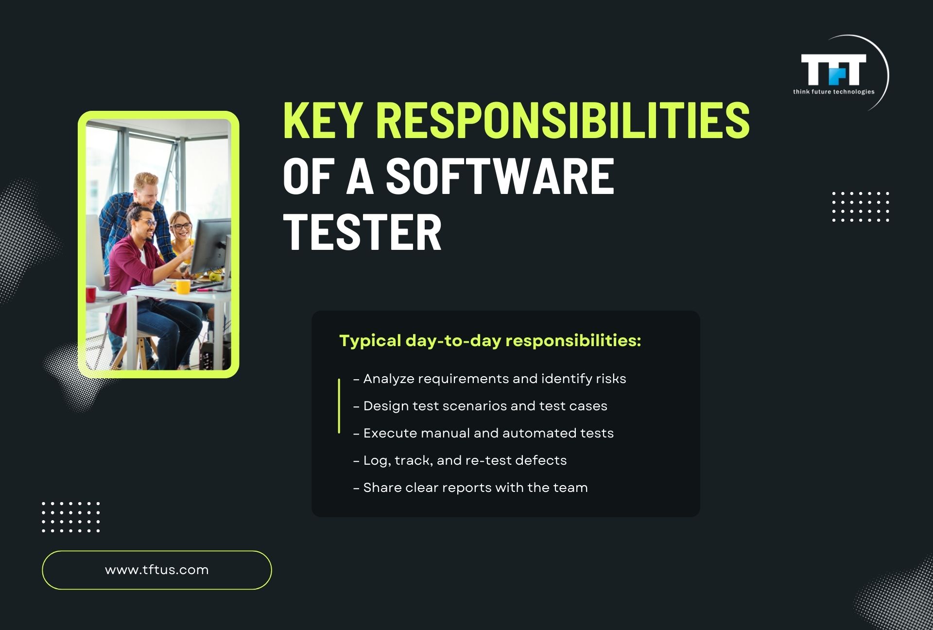 What Does a Software Tester Do? Roles, Responsibilities & Skills 3 Professional infographic outlining key software tester responsibilities, including analyzing requirements, designing test scenarios, executing manual and automated tests, tracking defects, and sharing reports with the development team.