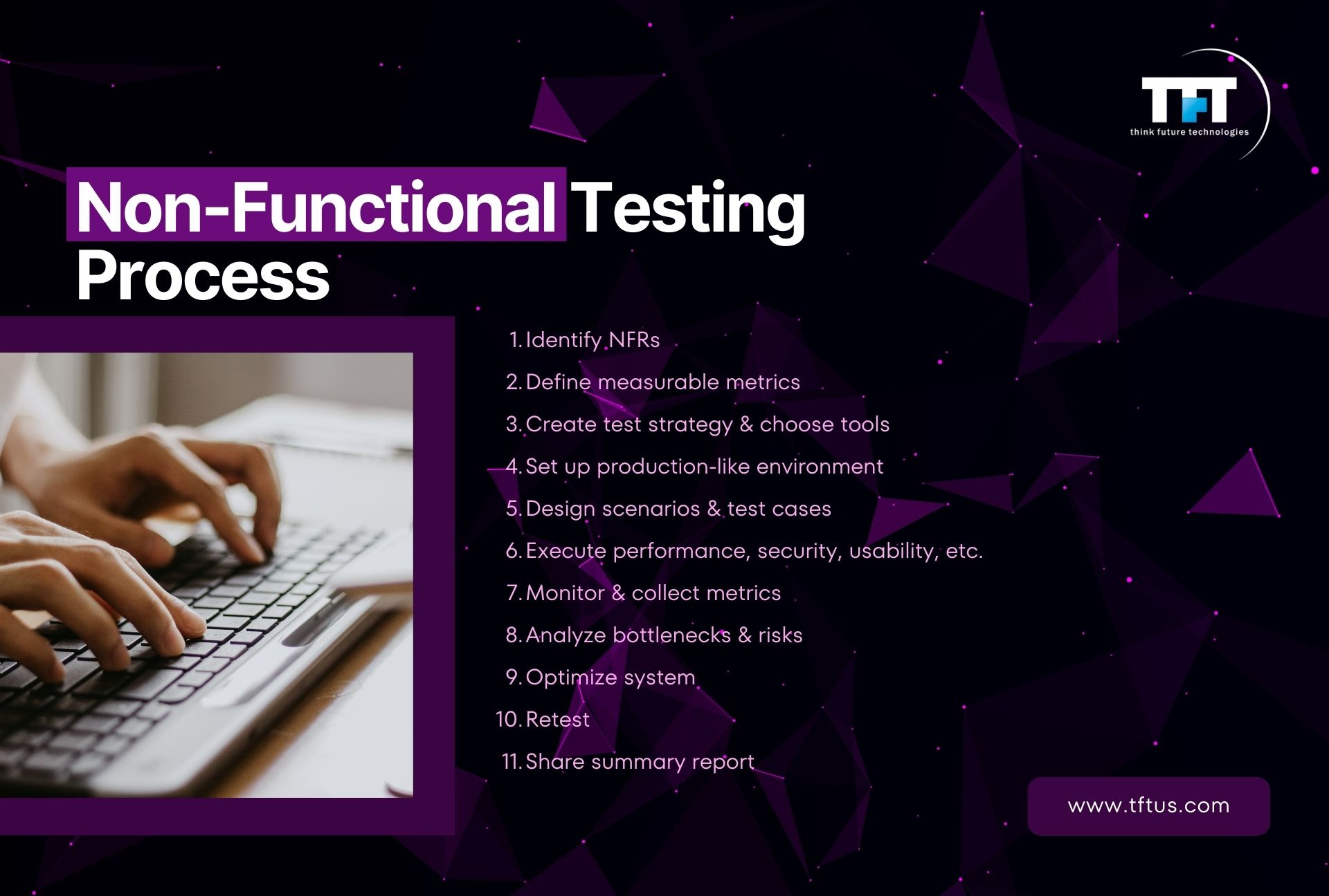 Step-by-step process slide showing how to identify non-functional requirements, define measurable metrics, choose tools, set up a production-like environment, execute tests, collect metrics, analyze bottlenecks, optimize the system, and retest.