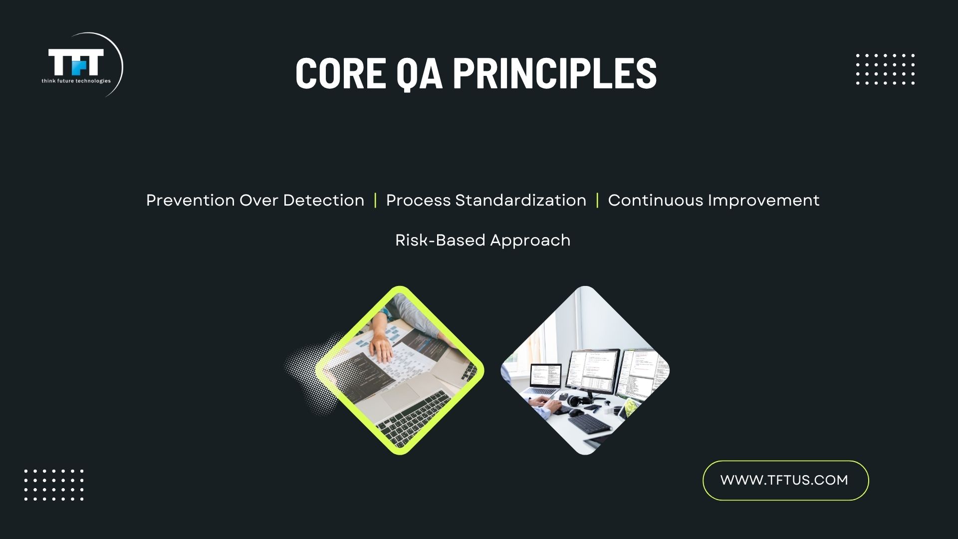 What Is Quality Assurance in Software Testing? Definition & Key Processes 4 “Slide titled ‘Core QA Principles’ displaying the phrases: prevention over detection, process standardization, continuous improvement, and risk-based approach, with two inset images of people reviewing documents and working at multiple monitors.”