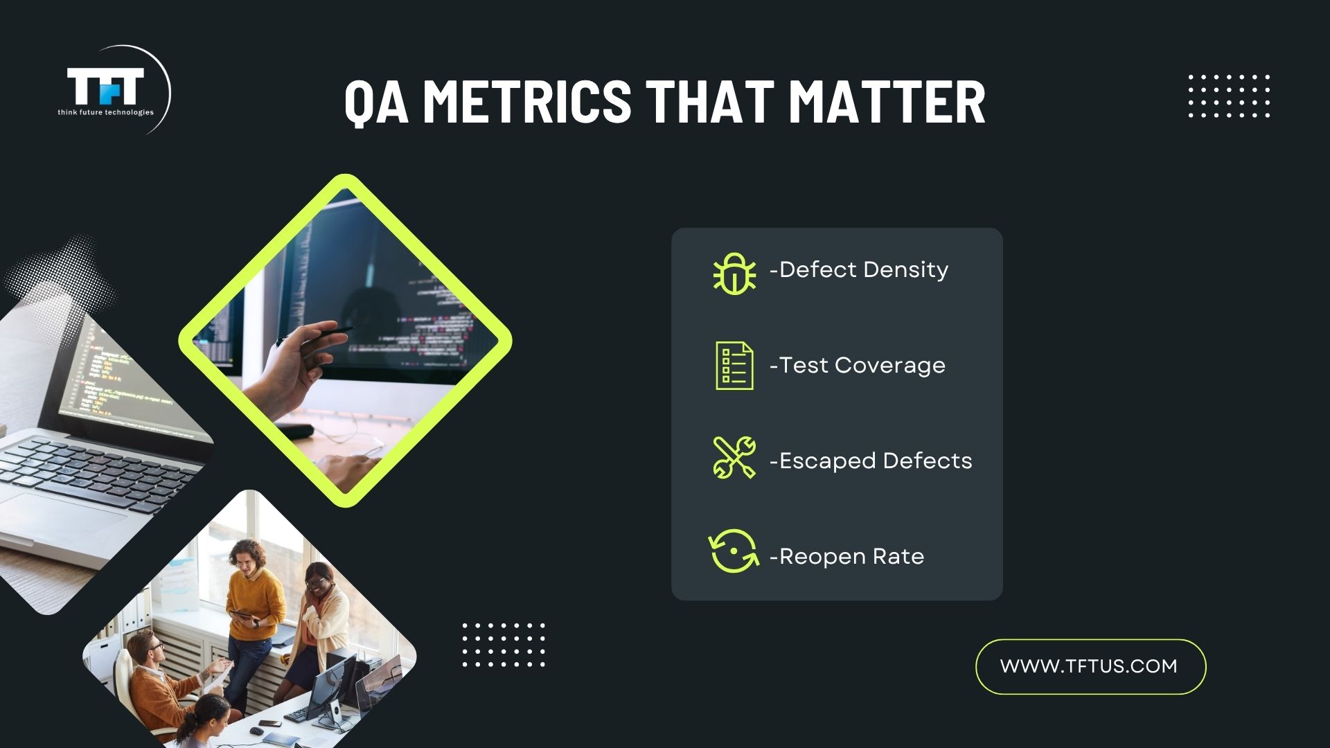 What Is Quality Assurance in Software Testing? Definition & Key Processes 5 “Slide titled ‘QA Metrics That Matter’ listing defect density, test coverage, escaped defects, and reopen rate, with images of developers working on code and a team meeting, and the TFT website link.”