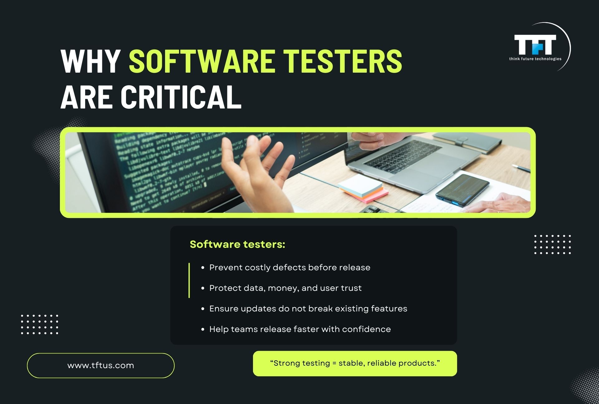 What Does a Software Tester Do? Roles, Responsibilities & Skills 6 Awareness graphic highlighting why software testers are essential, emphasizing defect prevention, protecting user trust and data, maintaining feature stability, and enabling faster, confident product releases.