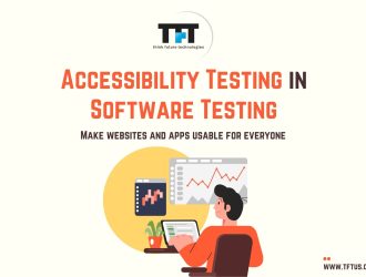 Cover slide introducing accessibility testing in software testing, focused on making websites and applications usable for everyone, with an illustration of a person working at a computer and digital charts in the background.