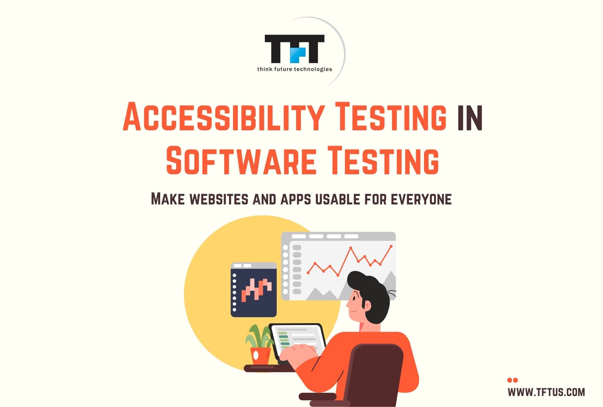 Cover slide introducing accessibility testing in software testing, focused on making websites and applications usable for everyone, with an illustration of a person working at a computer and digital charts in the background.
