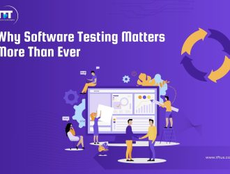 Illustration showing a team collaborating around a large computer screen with charts and code, highlighting why software testing matters more than ever in modern technology projects.