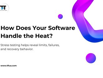 “White slide titled ‘How Does Your Software Handle the Heat?’ with TFT Think Future Technologies logo. Subtext explains that stress testing reveals limits, failures, and recovery behavior, alongside abstract purple and blue gradient shapes and the website link at the bottom.”