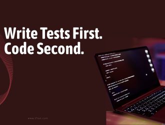 Write Tests First Code Second message with laptop showing code on screen and dark red background representing Test Driven Development concept