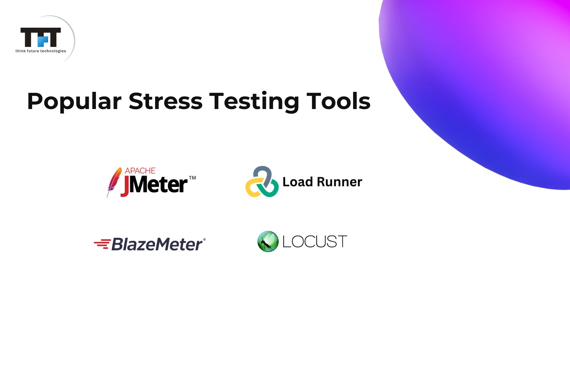What Is Stress Testing in Software Testing? Definition, Process & Examples 6 “Slide titled ‘Popular Stress Testing Tools’ displaying logos for Apache JMeter, LoadRunner, BlazeMeter, and Locust on a white background with abstract purple gradient shapes.”