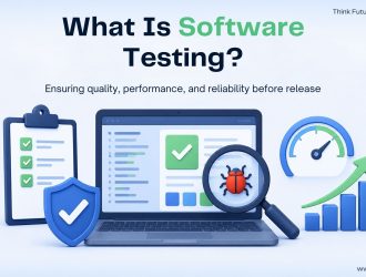 Illustration defining software testing as the process of ensuring software quality, performance, reliability, and bug-free releases before deployment.