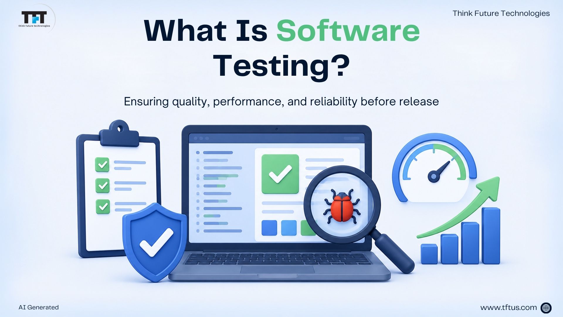 What Is Software Testing? Definition, Types & Importance Explained 1 Illustration defining software testing as the process of ensuring software quality, performance, reliability, and bug-free releases before deployment.