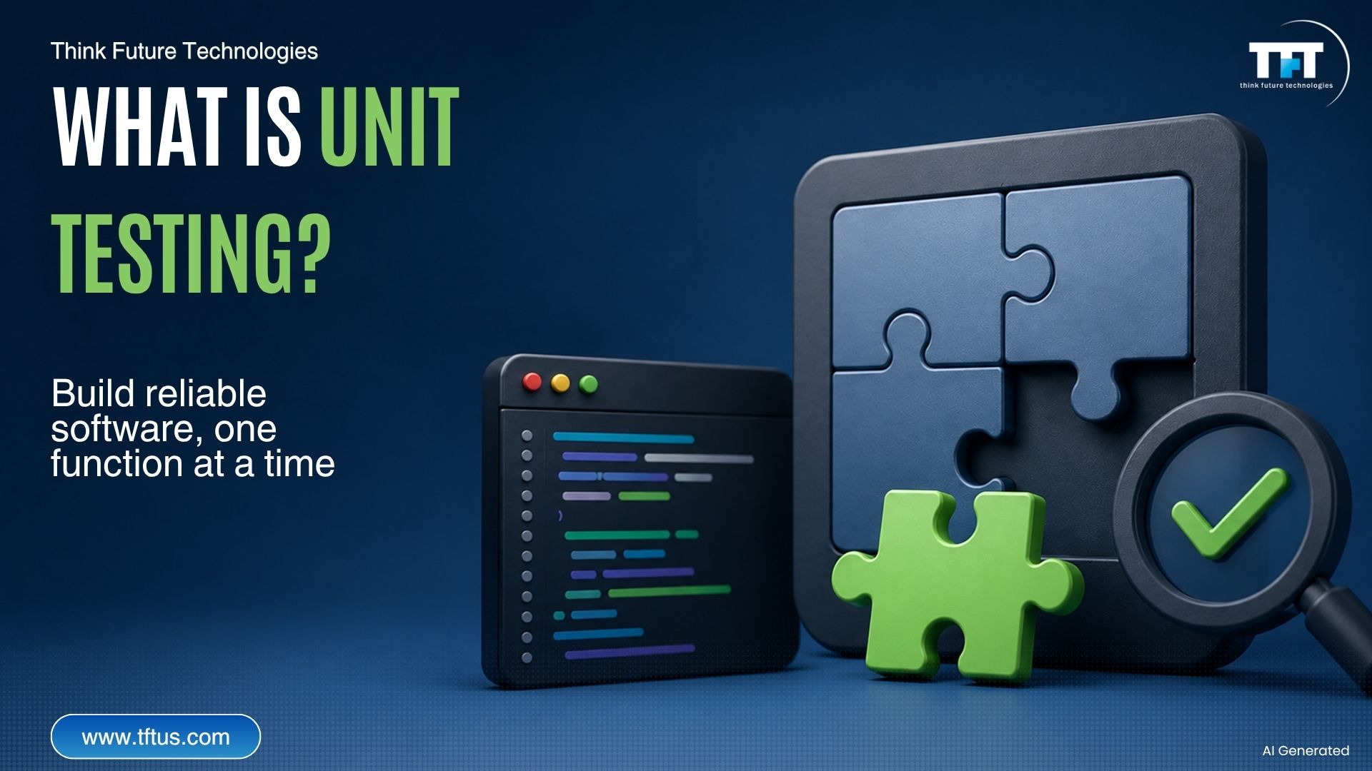 Overview illustration explaining unit testing as a software testing practice that validates individual functions and components to build reliable, maintainable applications.