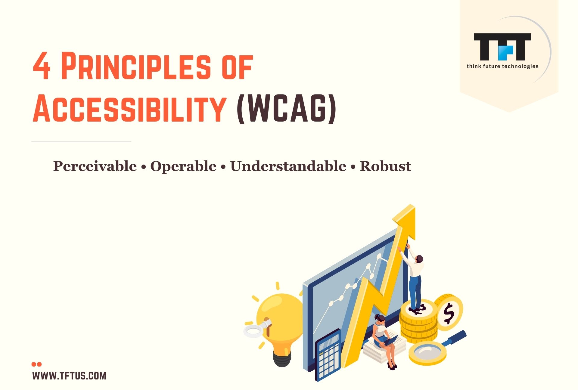Overview slide showing the four WCAG accessibility principles: perceivable, operable, understandable, and robust, with an illustration of growth and usability concepts.