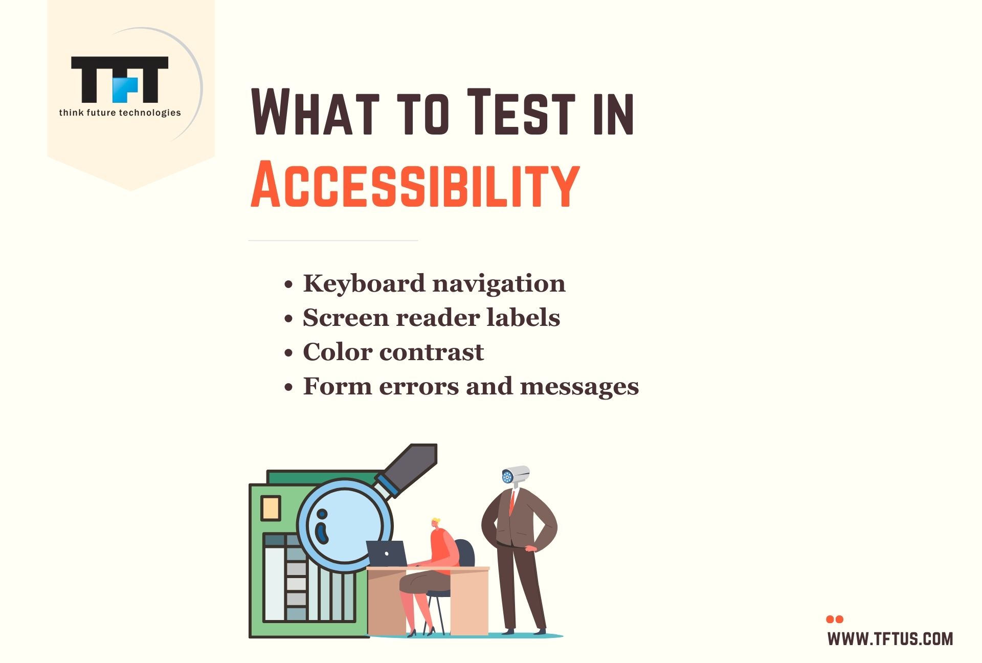 Checklist slide listing key accessibility testing areas, including keyboard navigation, screen reader labels, color contrast, and form error messages.