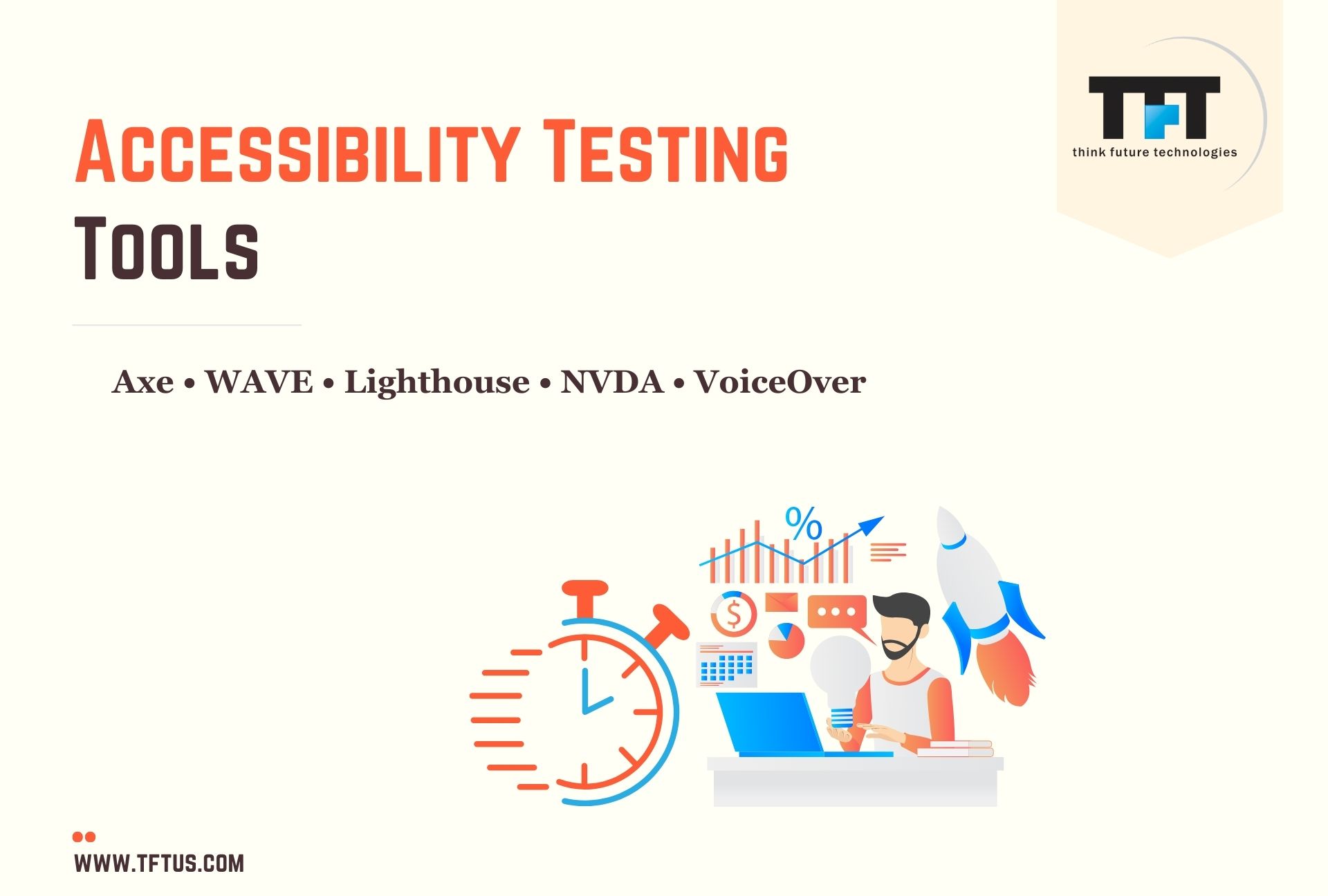 Tools overview slide displaying common accessibility testing tools such as Axe, WAVE, Lighthouse, NVDA, and VoiceOver, with an illustration of a developer working with analytics and productivity icons.