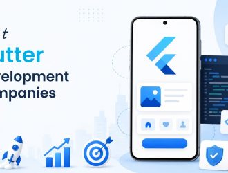 Illustration highlighting the best Flutter development companies, featuring Flutter app development, scalable architecture, secure coding, and high-performance mobile solutions.