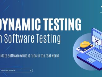 Comparison infographic explaining static testing as reviewing code and documents without execution, and dynamic testing as running the application to observe real-time behavior.