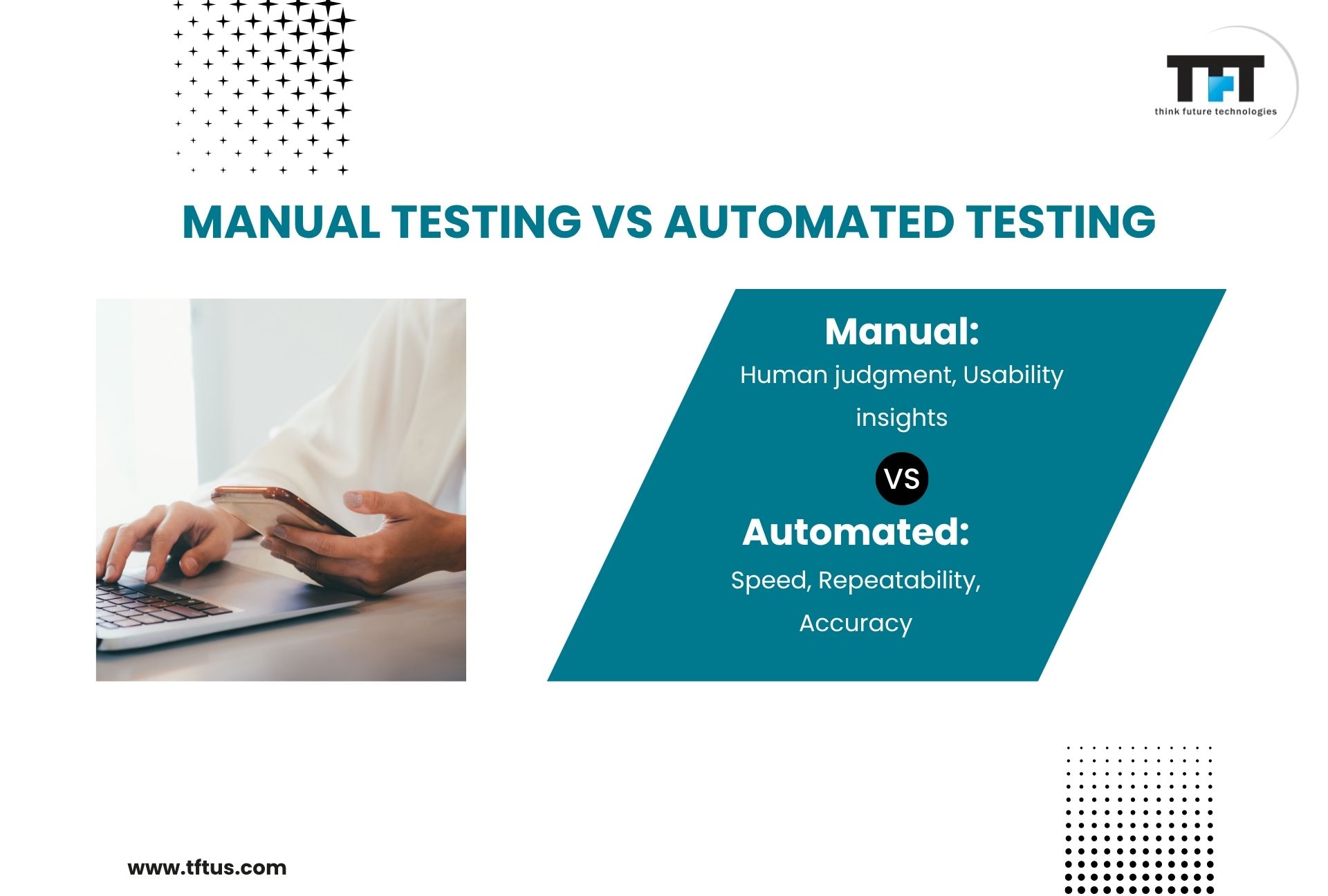 What Is Manual Software Testing? Definition, Process & Examples 3 “Slide titled ‘Manual Testing vs Automated Testing’ comparing manual testing as human judgment and usability insights versus automated testing as speed, repeatability, and accuracy, with an image of a person using a laptop and smartphone.”