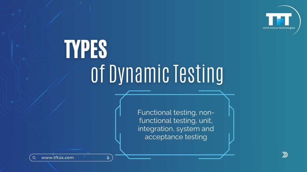 Visual listing types of dynamic testing including functional, non-functional, unit, integration, system, and acceptance testing.