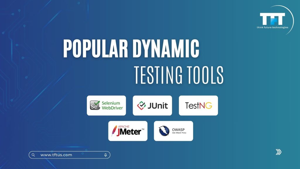Infographic displaying commonly used dynamic testing tools such as Selenium WebDriver, JUnit, TestNG, JMeter, and OWASP ZAP.
