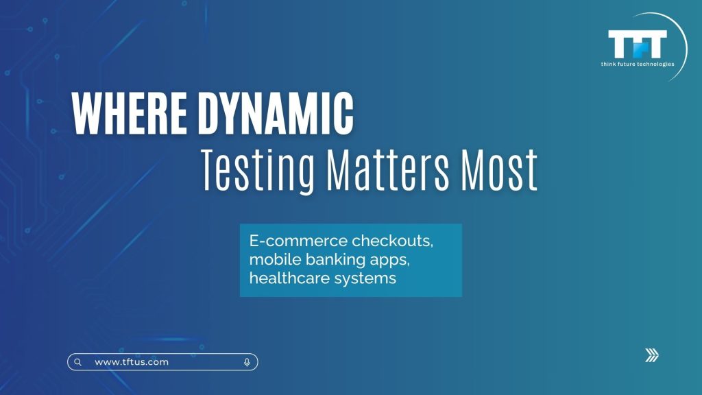 Graphic highlighting real-world use cases for dynamic testing, including e-commerce checkouts, mobile banking applications, and healthcare systems.