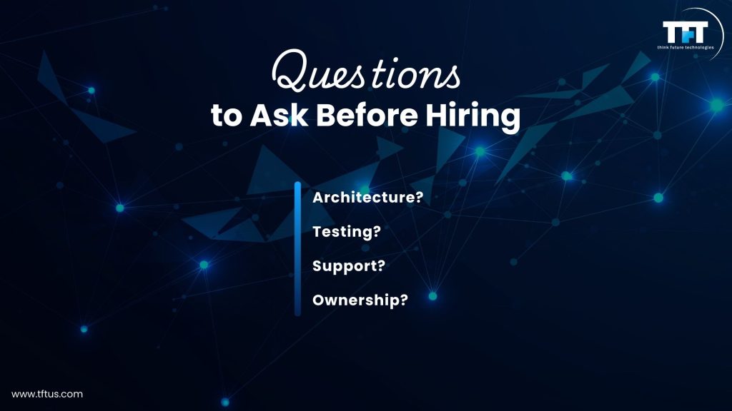 Checklist graphic of critical questions for evaluating Flutter development vendors, covering architecture, testing approach, support, and ownership.