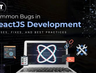Common bugs in ReactJS development with causes, fixes, and best practices, shown with a laptop displaying the React logo and debugging icons