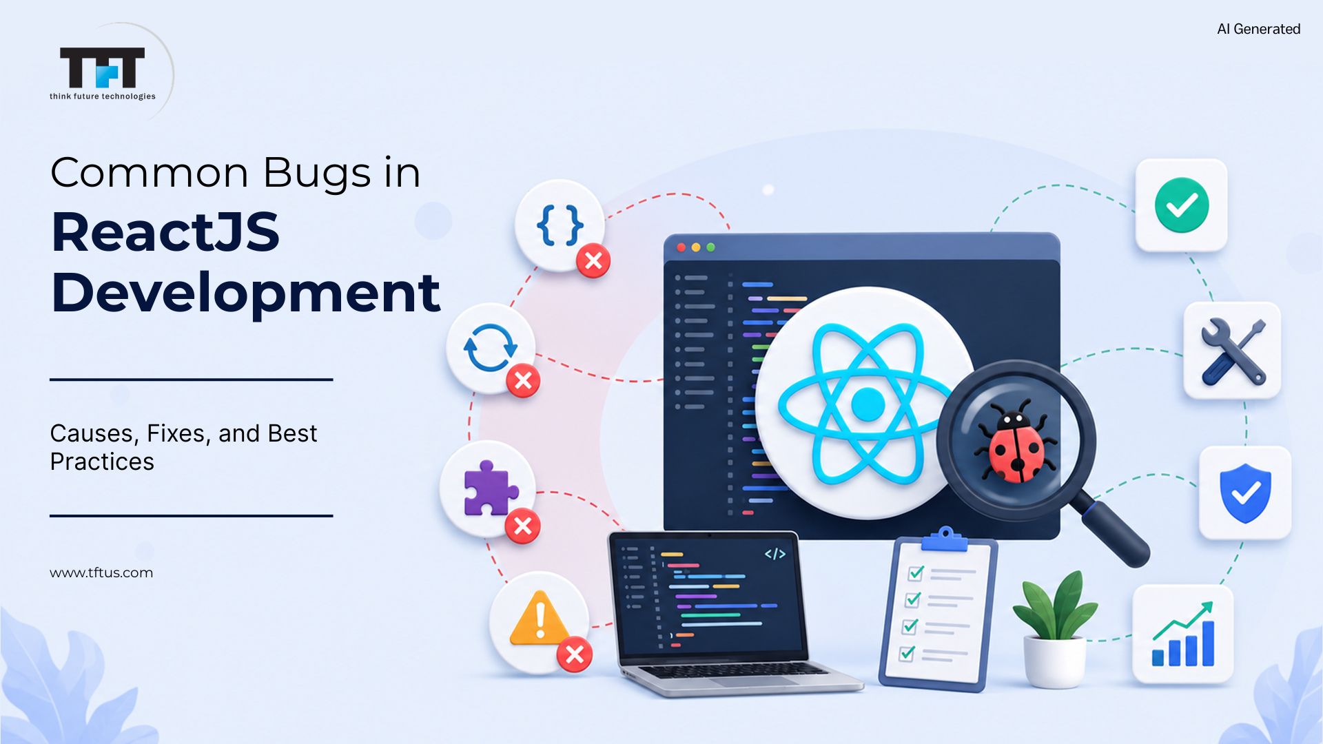 Illustration highlighting common ReactJS development bugs, including rendering issues, hook mistakes, performance bottlenecks, and debugging best practices for building reliable React applications.