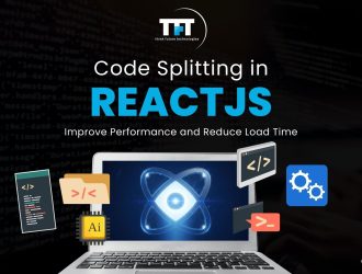 Featured graphic about code splitting in ReactJS showing a laptop with the React logo and development icons, illustrating how code splitting improves application performance and reduces load time.
