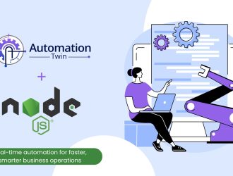 Visual showing integration between AutomationTwin RPA bots and Node.js for real-time systems.