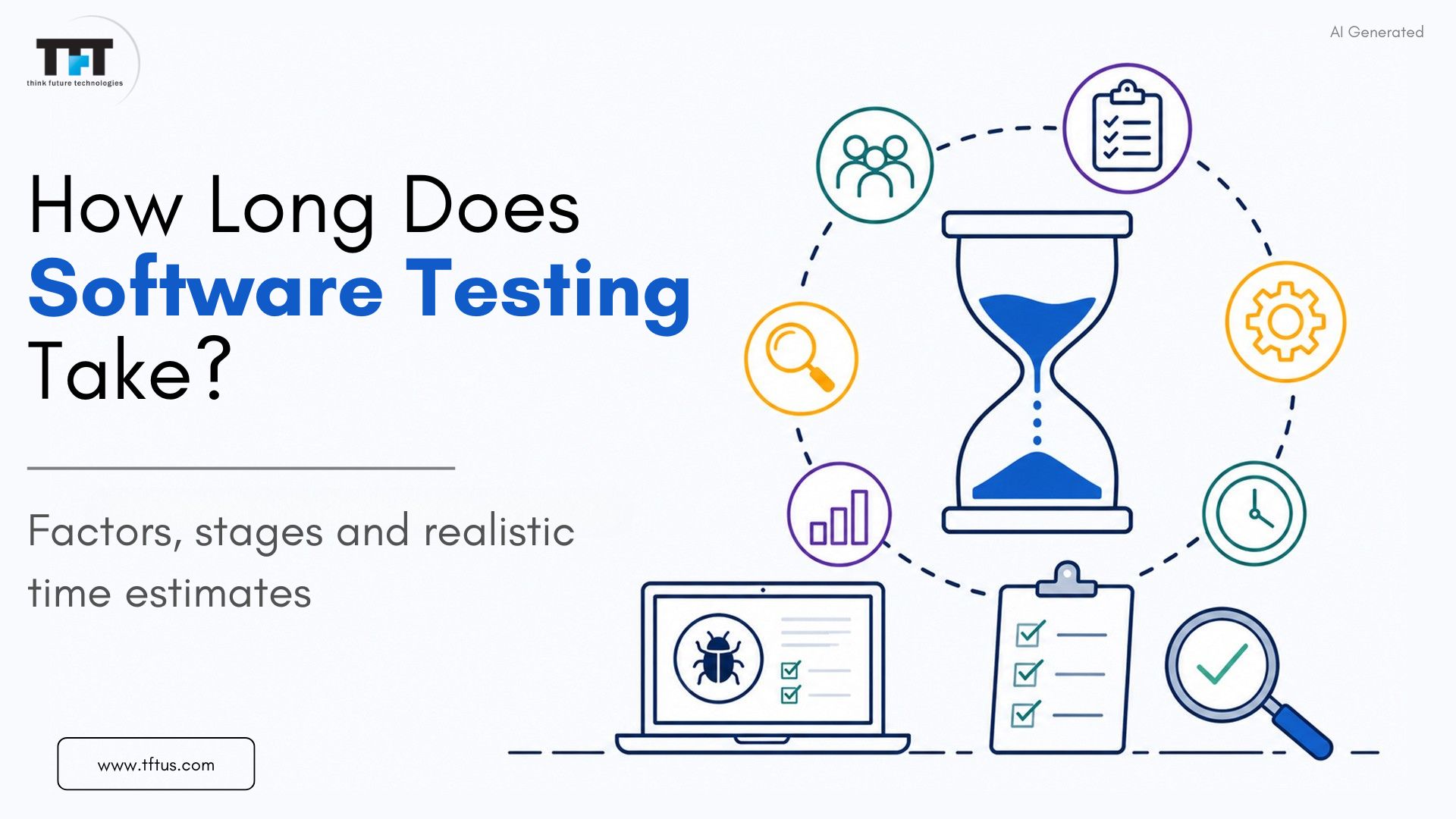 How Long Does Software Testing Take? Factors, Stages & Time Estimates 1 Illustration explaining software testing timelines, highlighting the factors, testing stages, and realistic time estimates required to plan and complete software testing projects.