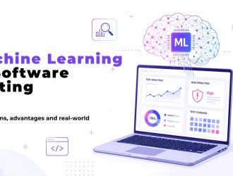 Illustration introducing machine learning in software testing, highlighting how ML improves test analytics, predicts risks, increases test coverage, and enhances quality assurance through intelligent automation.